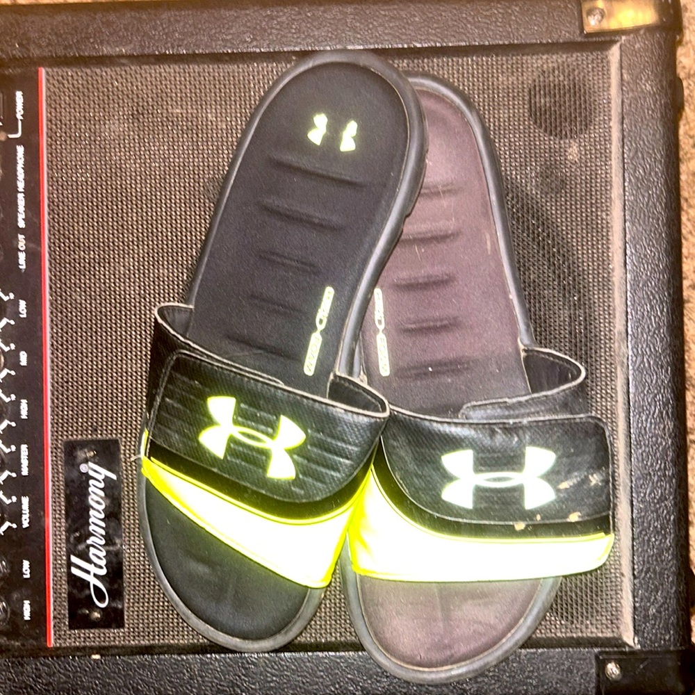 Under armor, slip on sandals, black and lime green men’s size 11